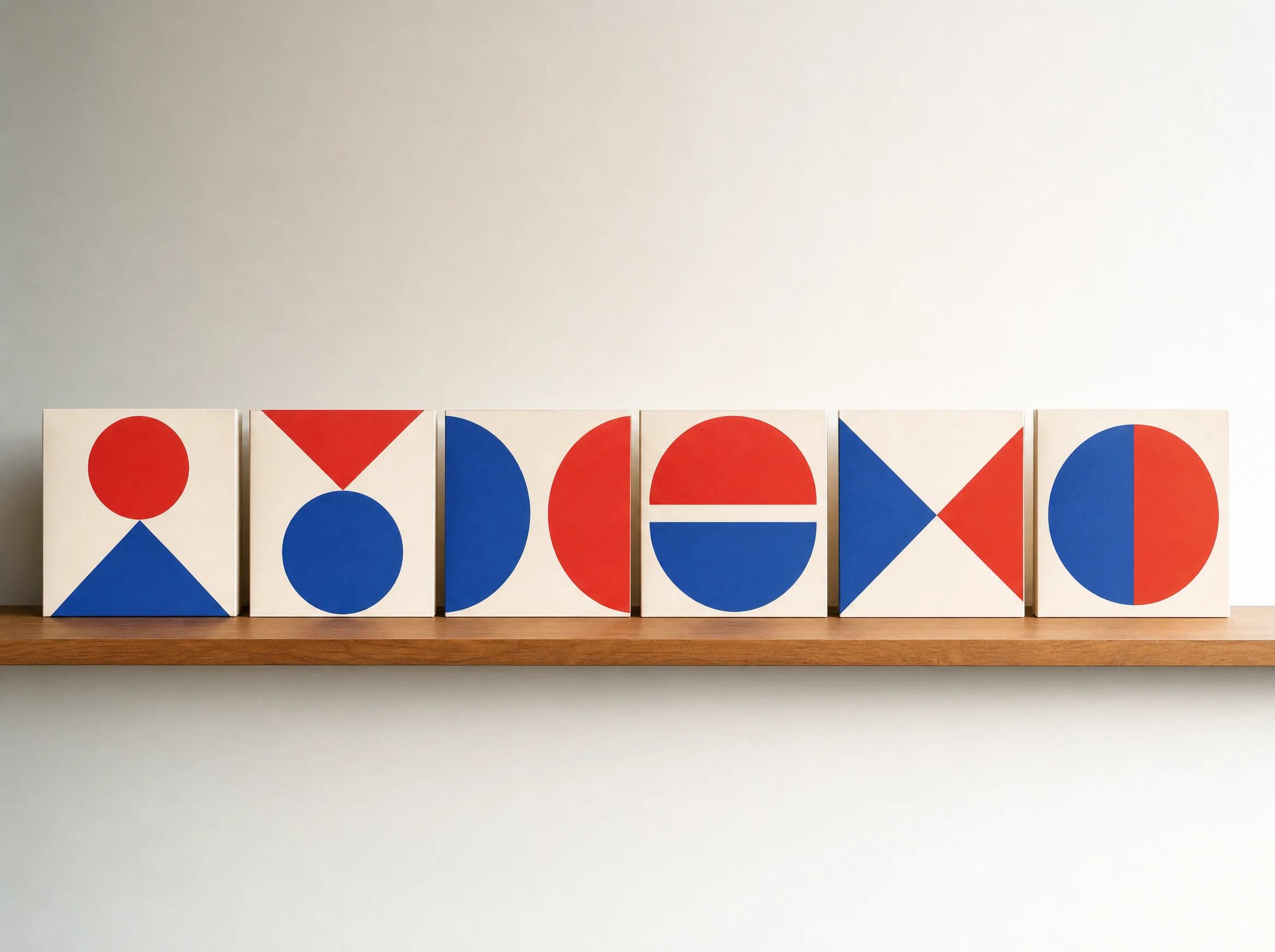 Six record sleeves on a shelf, each built from two red and blue shapes