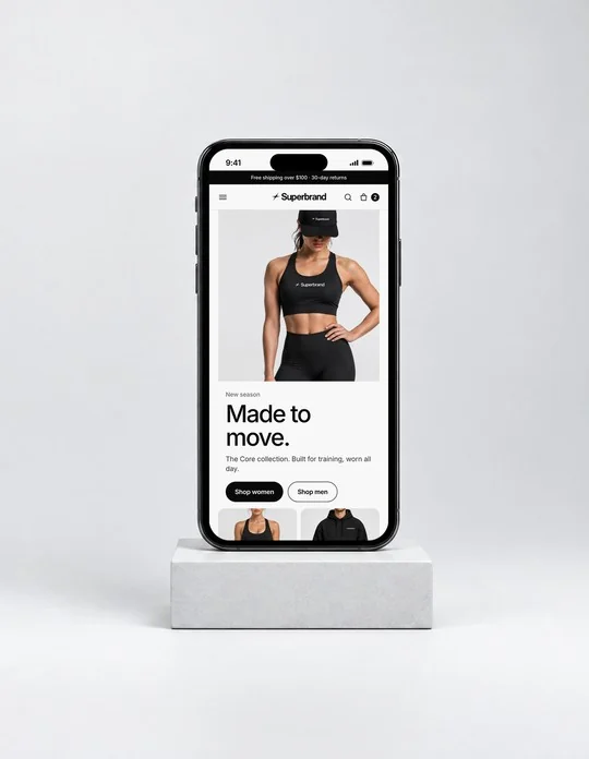 A phone on a stone block showing the redesigned store: “Made to move.”