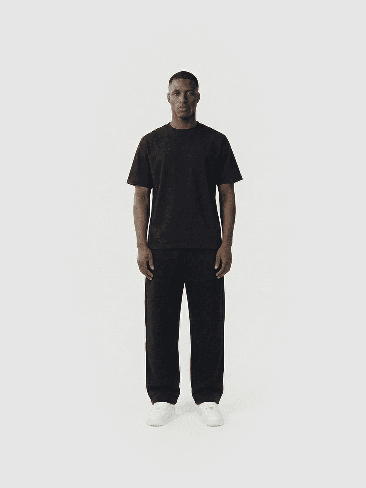 Heavyweight classic crew T-shirt in navy — front view on model.