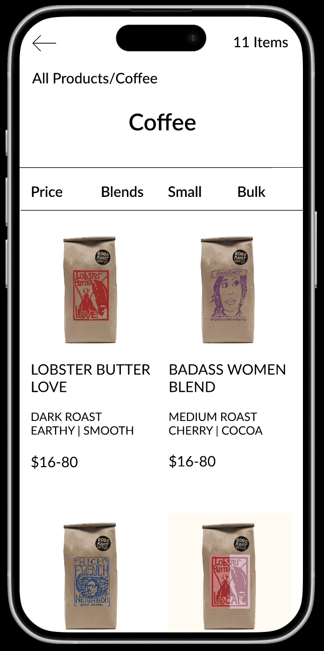 iphone mockup of the RoosRoast redesigned coffee results page