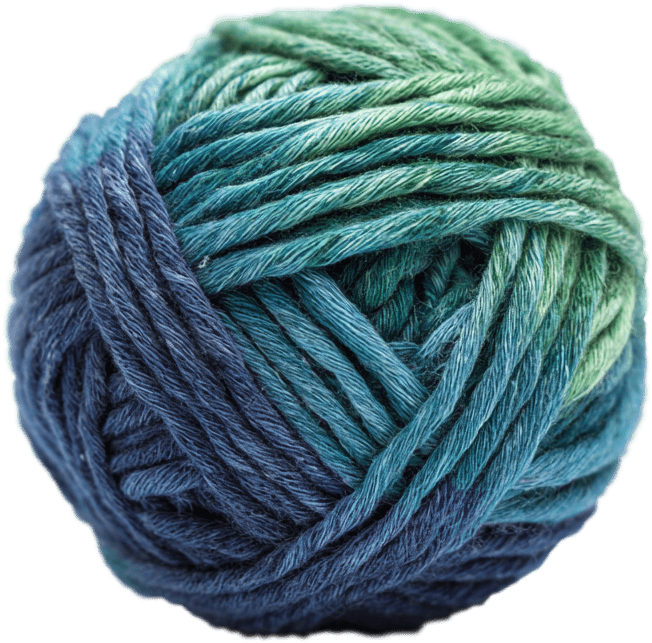 Close-up of a ball of yarn. The yarn is a blend of blues and greens, creating a gradient effect.