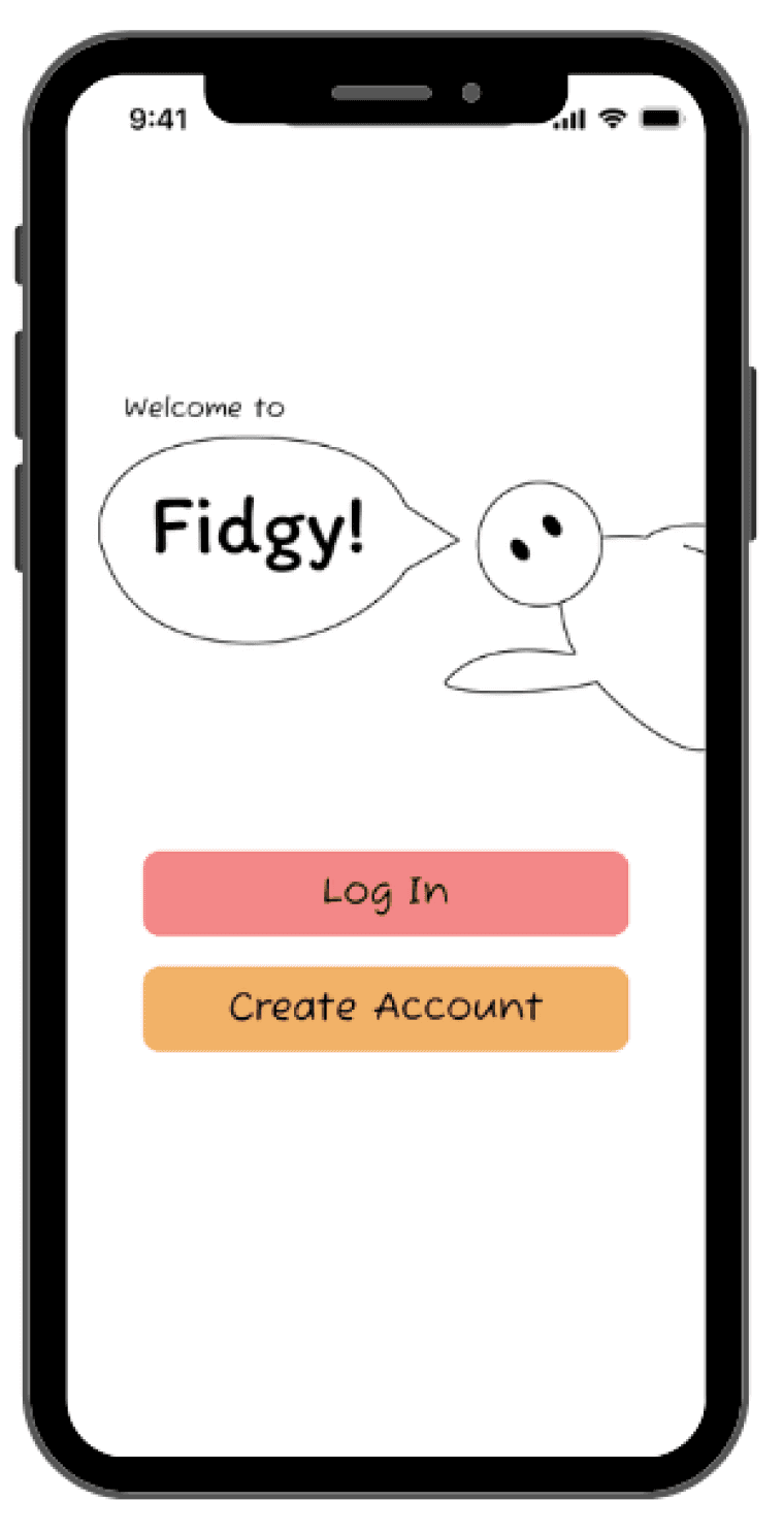 Fidgy app home page, with Fidgy avatar greeting the user and prompting them to log in or create an account