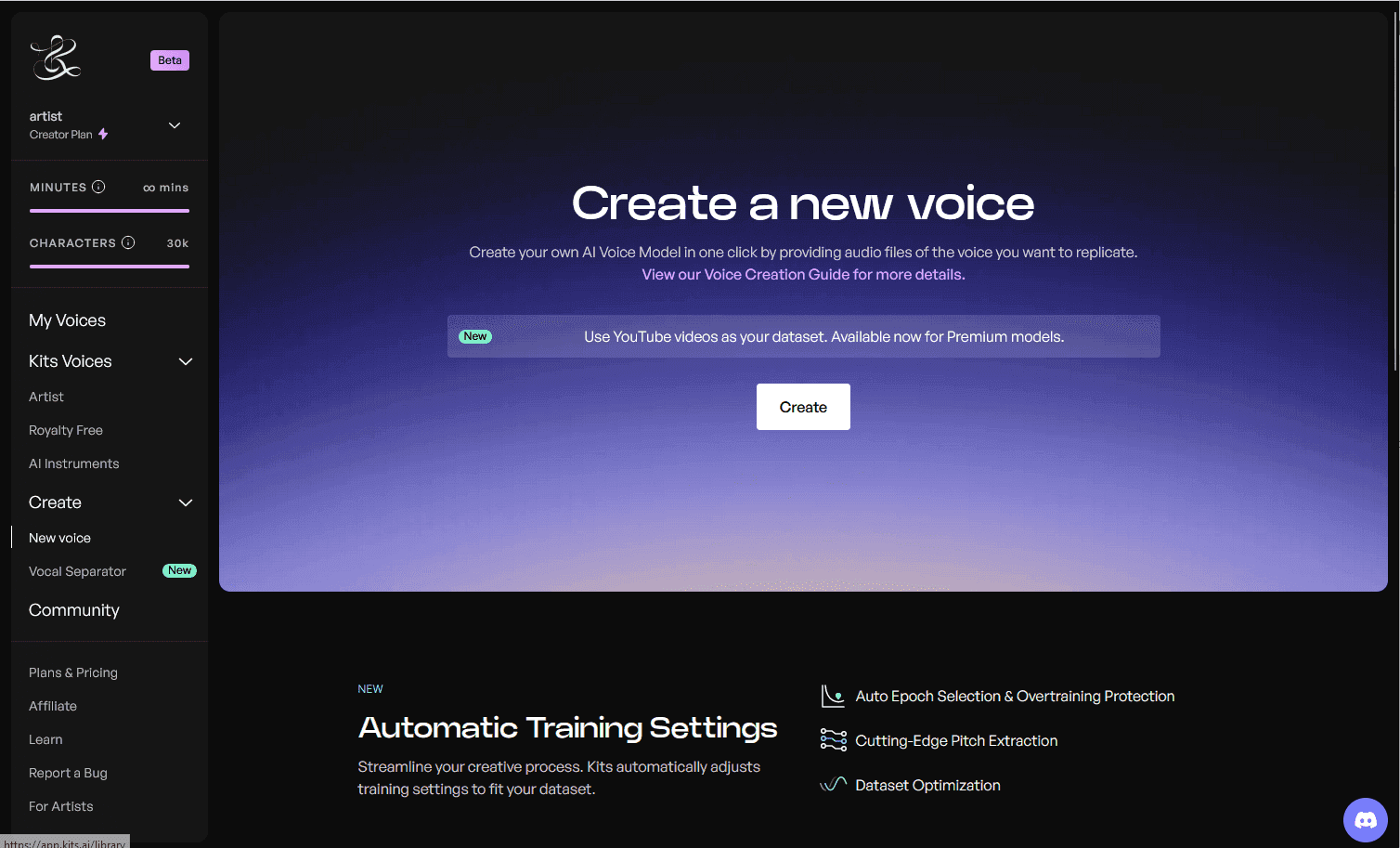 Kits AI voice training page