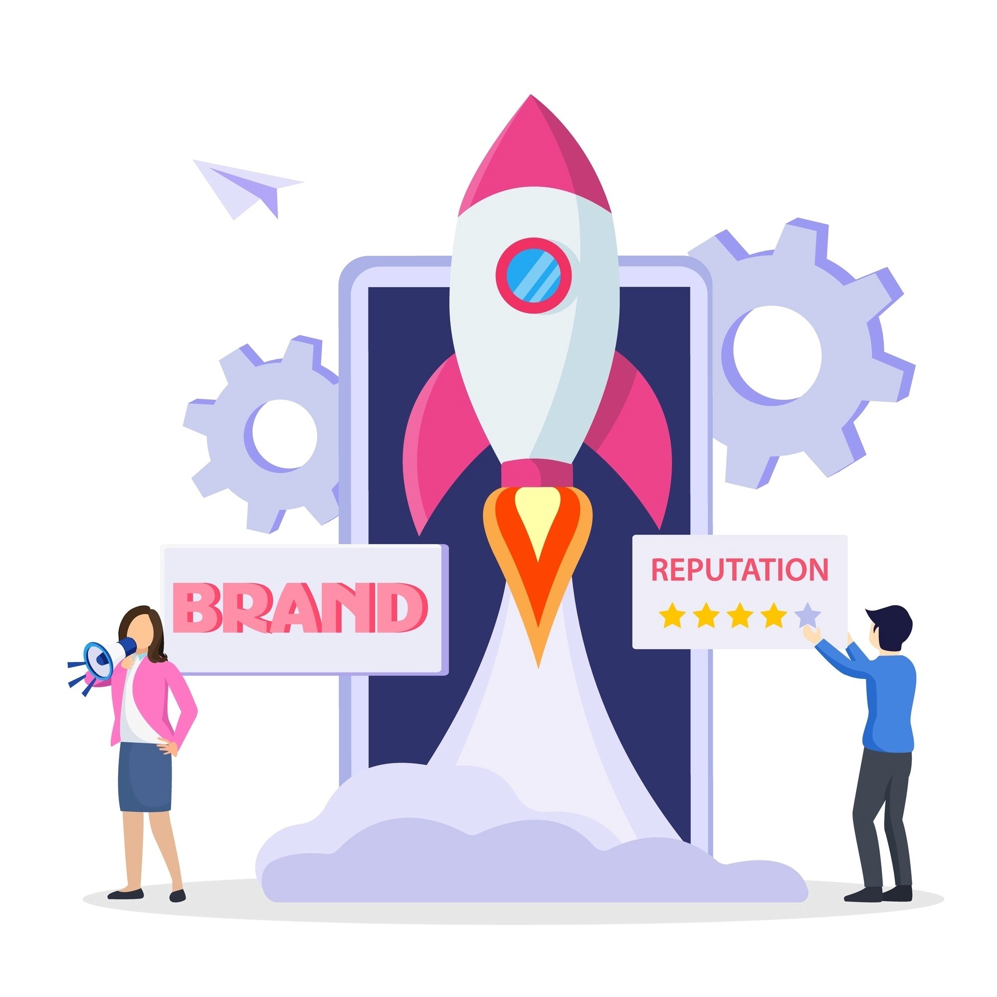 Illustration of brand reputation growth with rocket launch, five-star rating, and marketing team