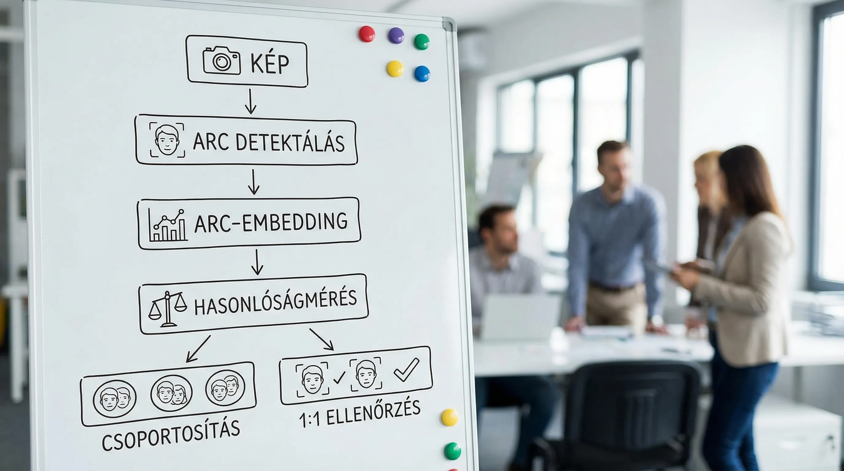 Egyszerű folyamatábra arról, hogyan jut el a rendszer a képtől az arc detektálásán át egy arc-embeddingig, majd hasonlóságmérésig és végül csoportosításig vagy 1:1 ellenőrzésig.