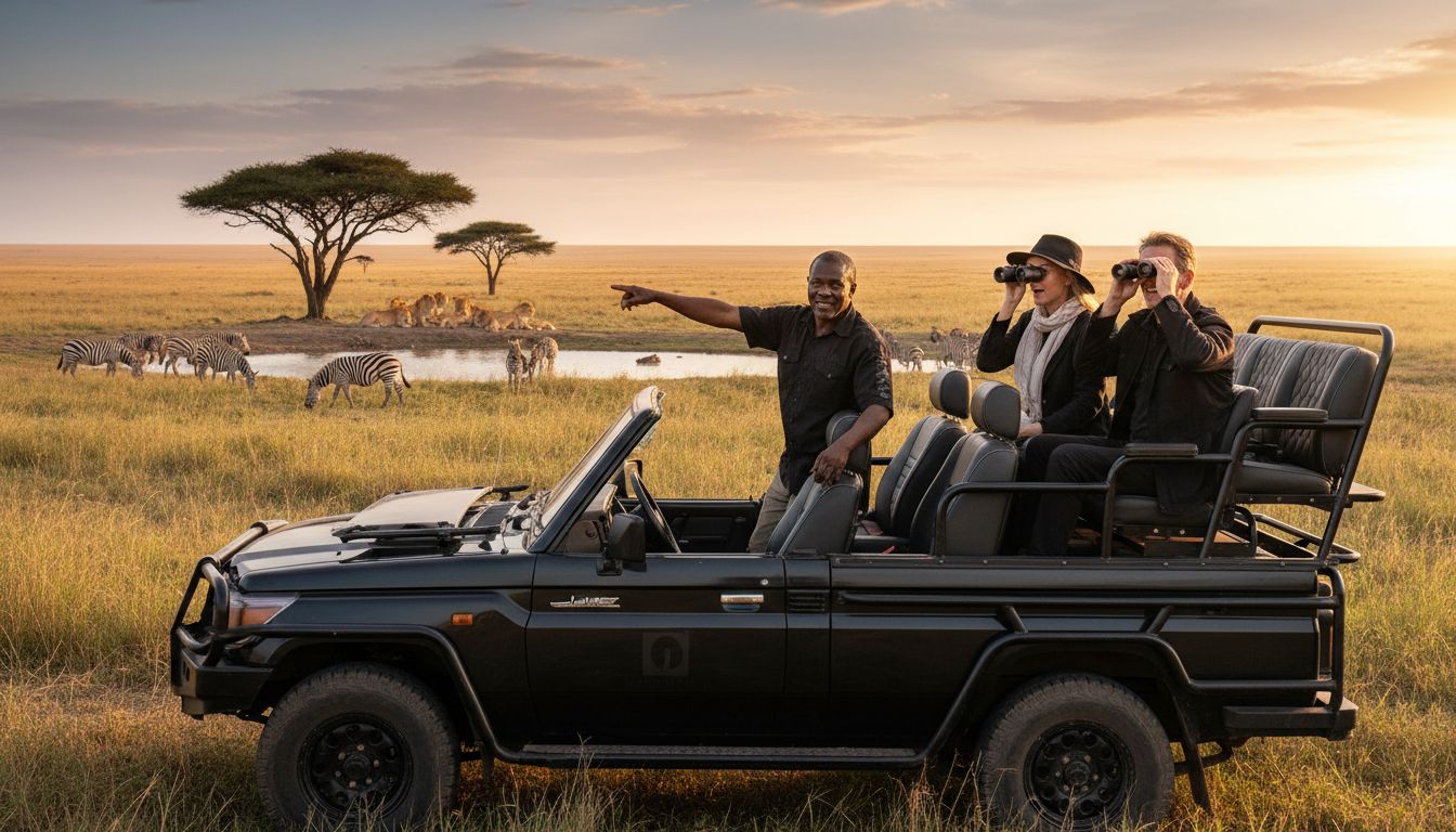 Vehículo de safari de lujo con guía y animales