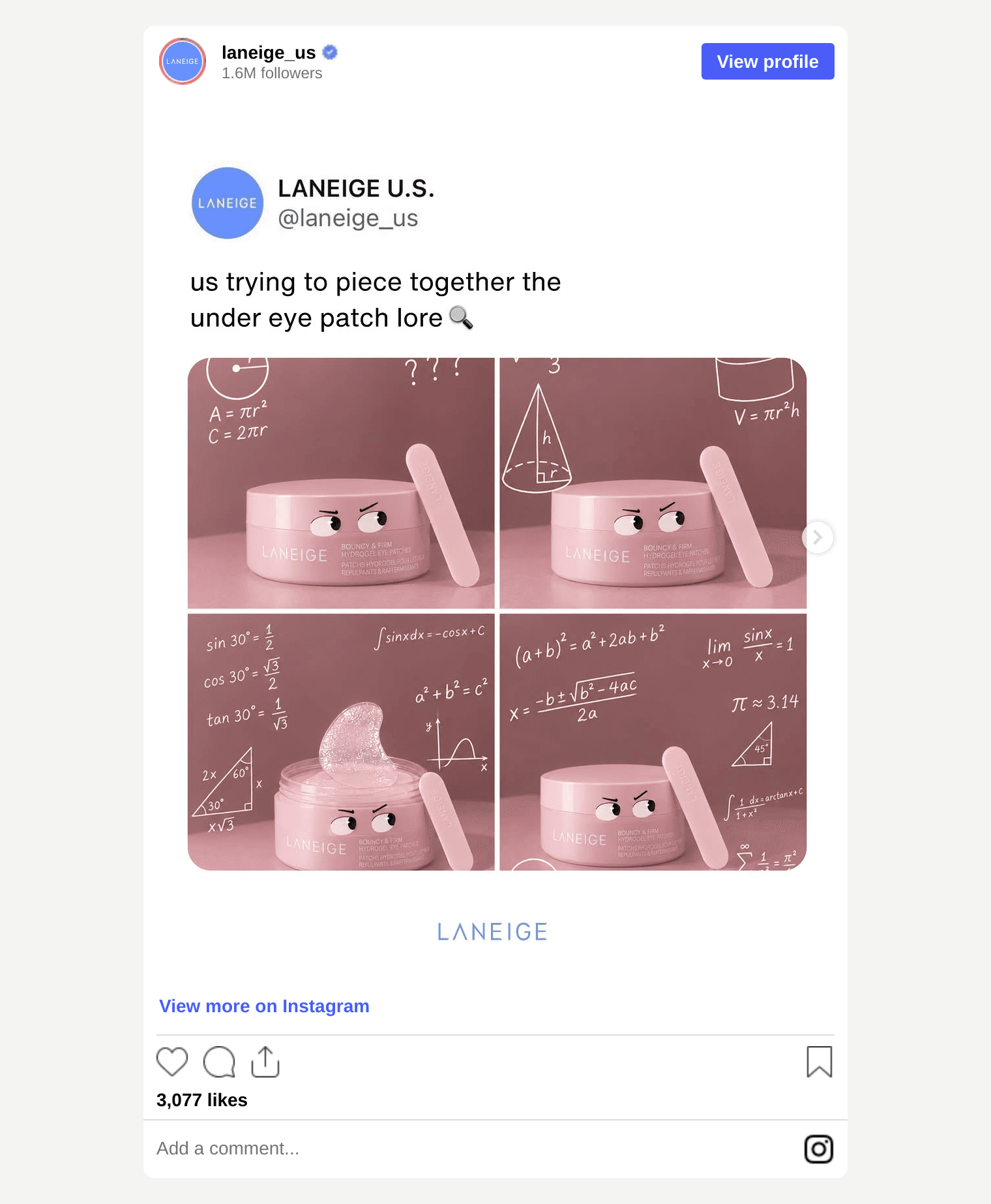 LANEIGE US Instagram post: a four-panel undereye patch meme with a pink eye-patch jar