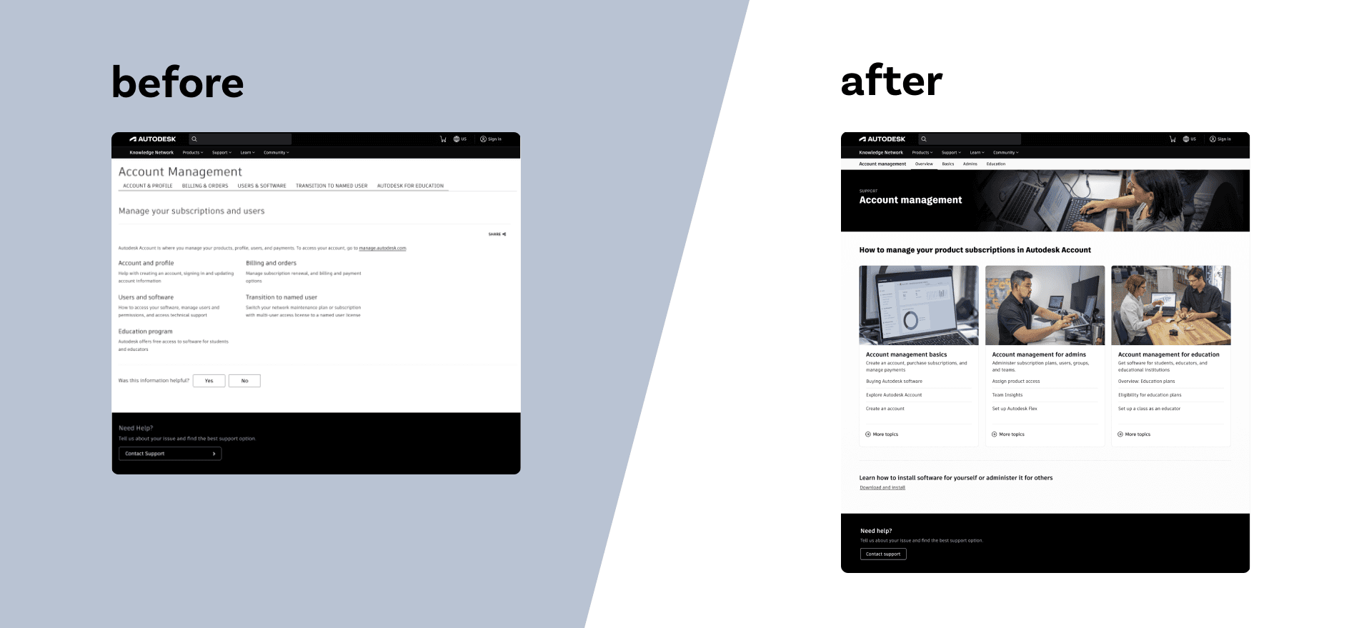 Autodesk Account Management Support landing page: before & after