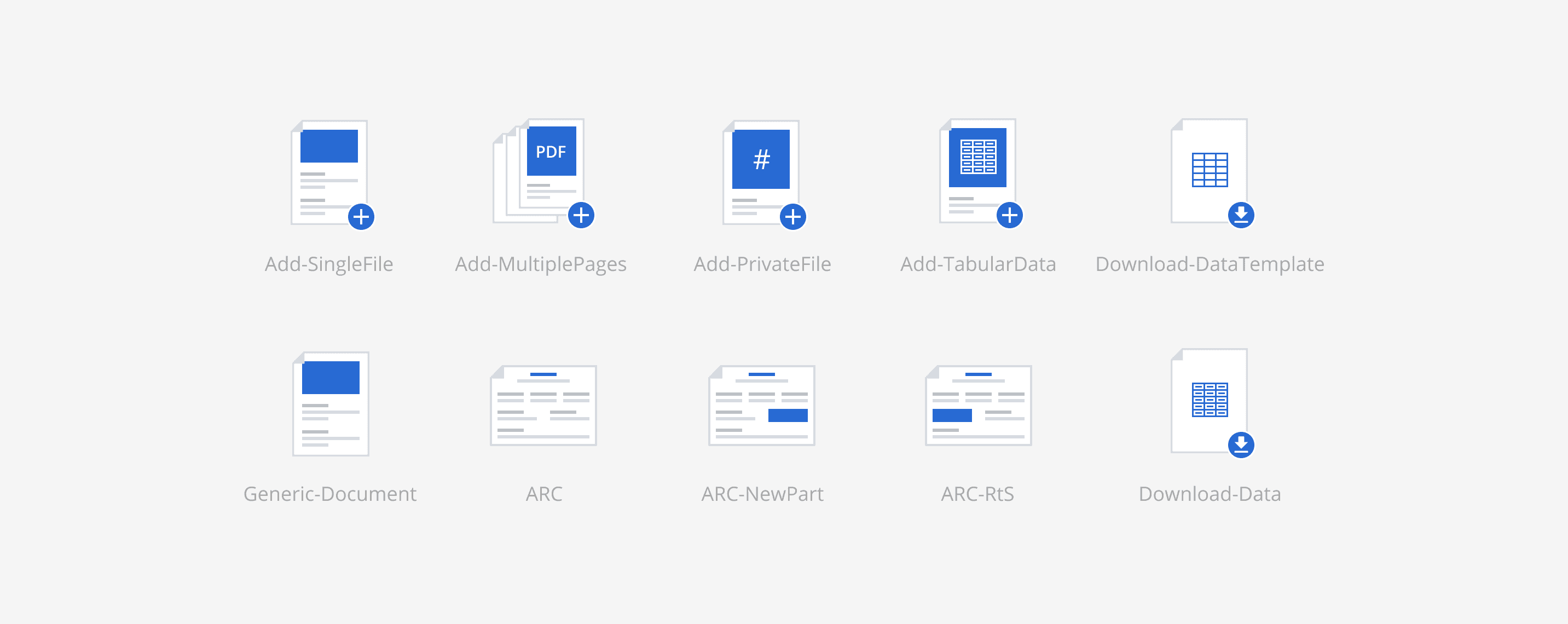 A collection of aviation-specific document icons including ARC (Airworthiness Release Certificate), private files, tabular data, and data templates for blockchain upload.