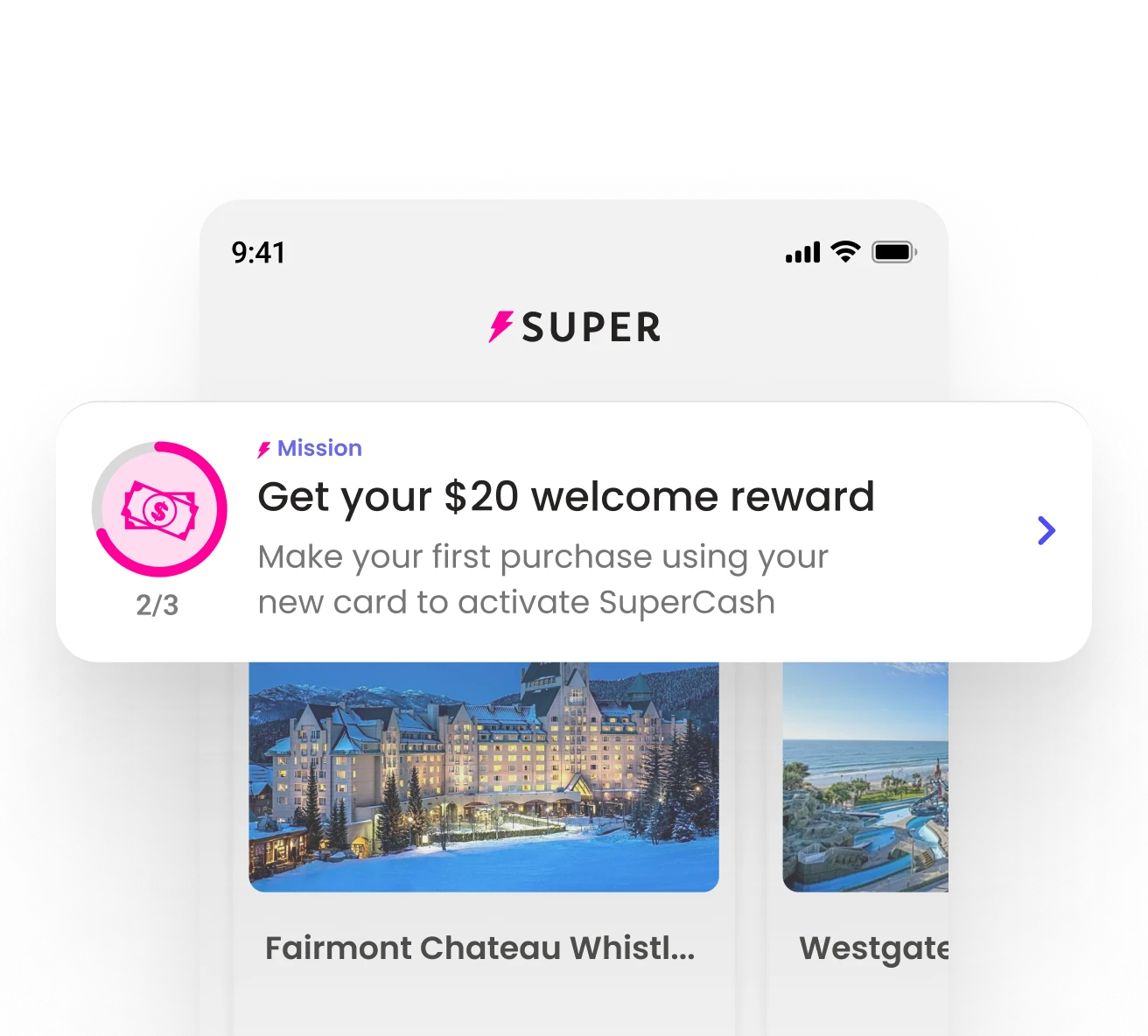 SuperCash app screen displaying the Completed Missions section. Two missions are shown: ‘20% cash back’ and ‘$20 hotel discount,’ each with a pink checkmark icon and a purple ‘Redeem’ button on a light pink background.