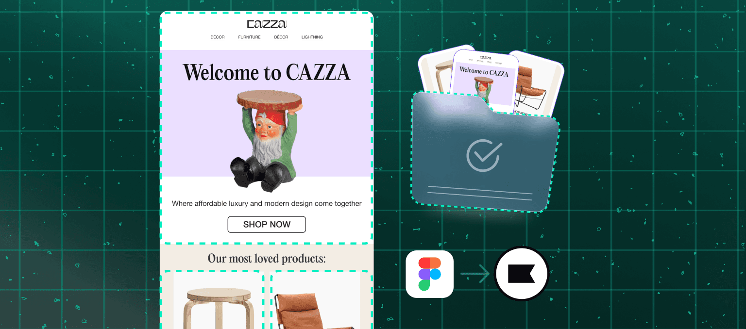 Illustration of an email design workflow showing a Figma email layout, sliced image sections, and a Klaviyo integration for automated email production.