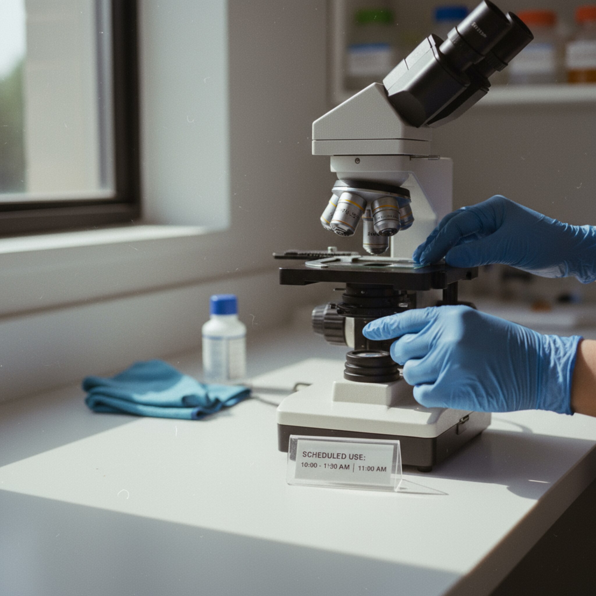 Ein Paar behandschuhter Hände setzt einen Objektträger behutsam in die Halterung eines Mikroskops. Ein dezentes Hinweis-Schild markiert die reservierte Zeit. Im Hintergrund liegt ein Reinigungstuch für die anschließende Pflege bereit. Die Szene vermittelt respektvollen Umgang mit einem Engpassgerät.