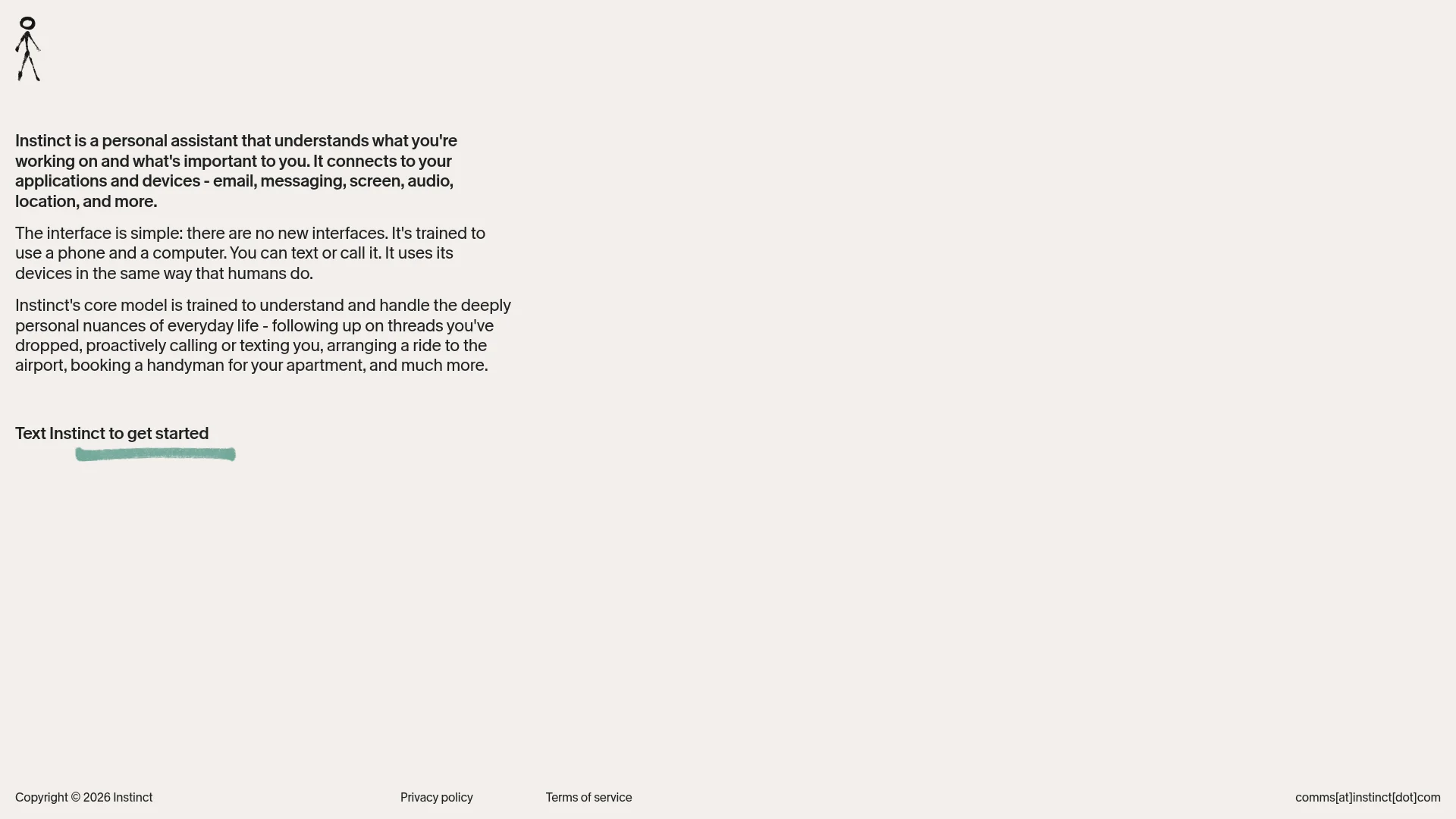 Instinct homepage describing a personal AI assistant you can text or call