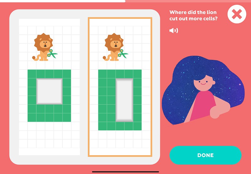 Area of a rectangle: choose where the lion cut out more cells