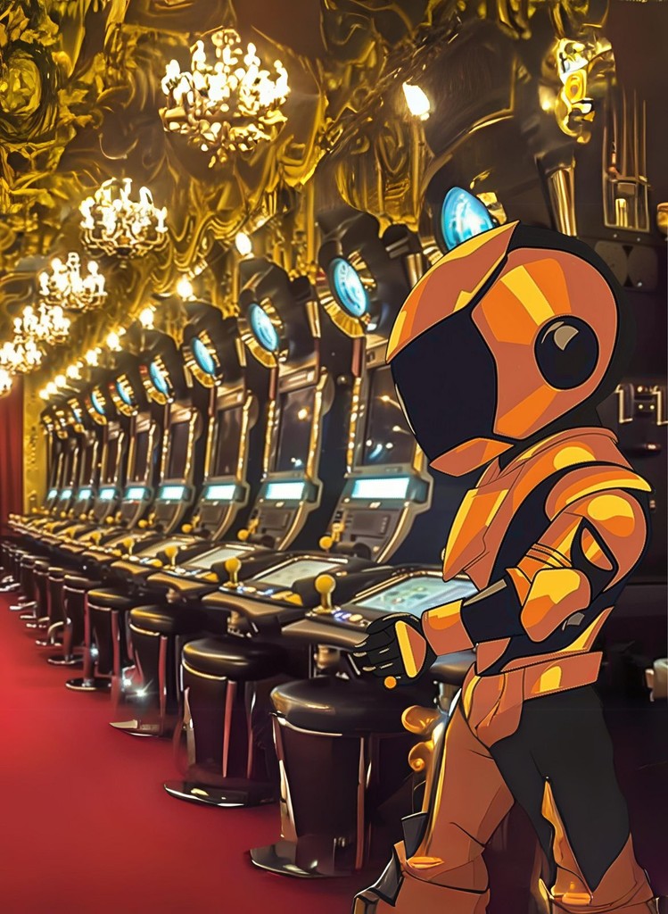 Robot with a clipboard standing in front of a row of slot machines, symbolizing management and oversight in a digital casino environment.