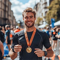 Image of man at marathon holding his medal