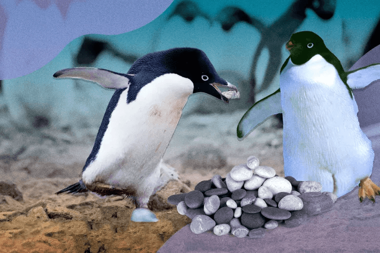 A penguin giving a pebble to another penguin, representing the concept of pebbling—saving and sharing links with loved ones.
