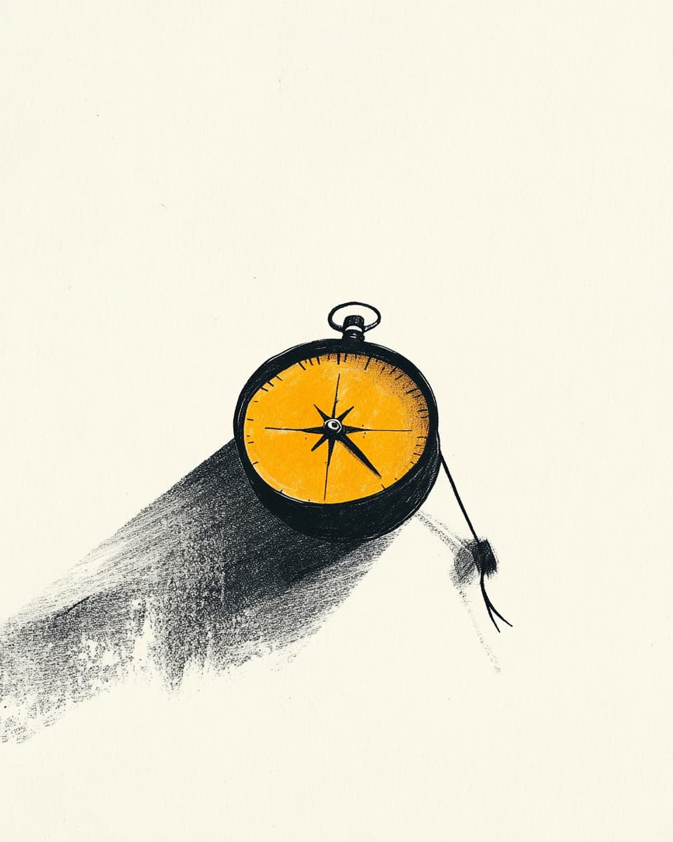 Illustration: Schwarzer Kompass mit gelbem Ziffernblatt und Schatten. Navigation.