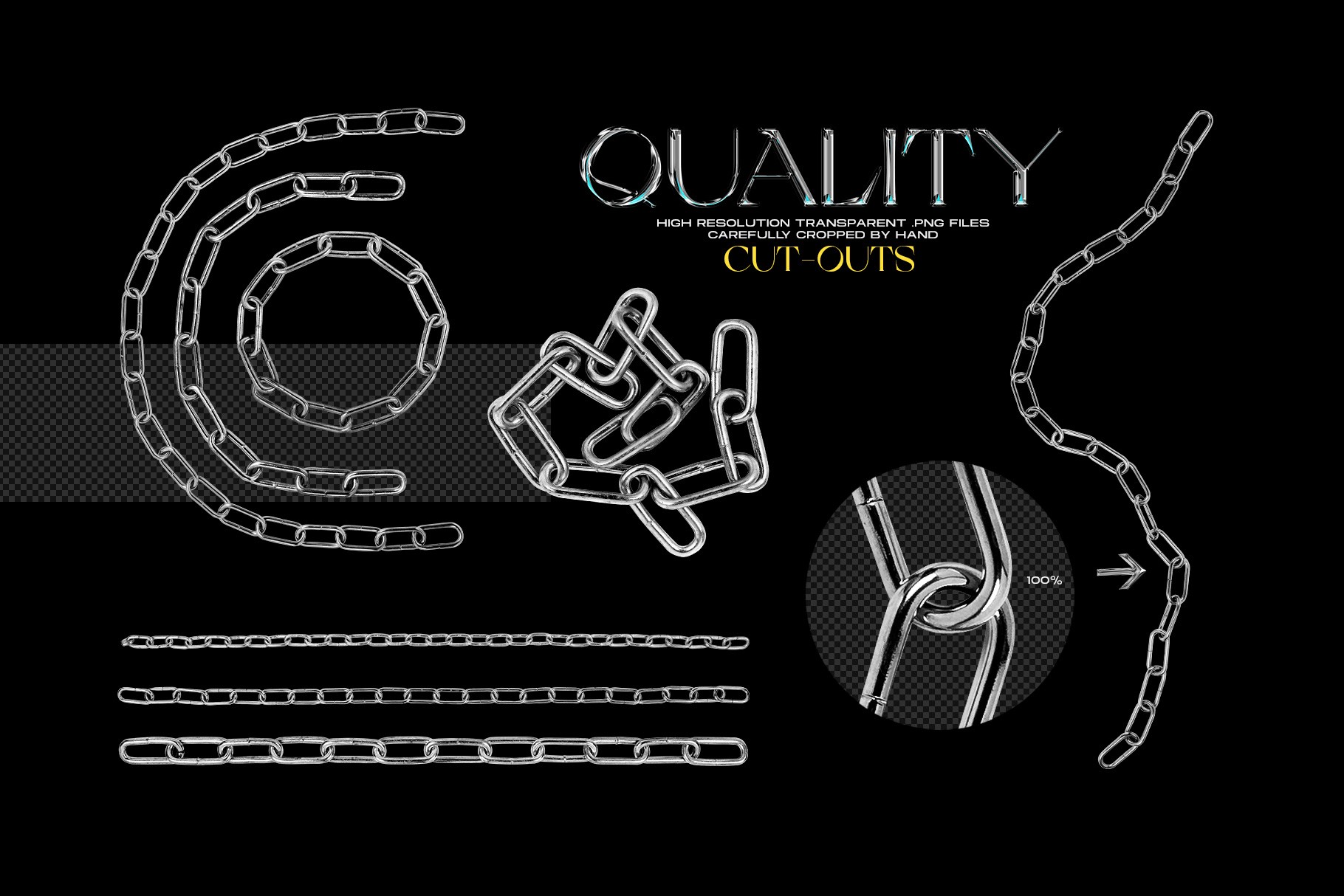 Chromatic Toolkit high resolution metal chain PNG cut outs with realistic shiny chrome texture details