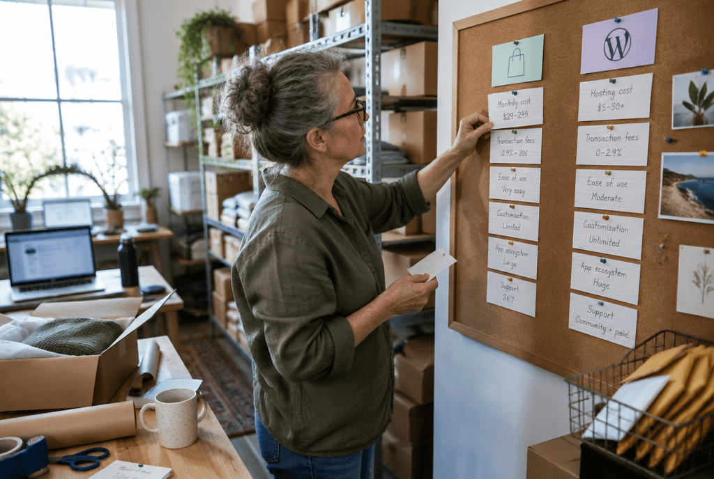 E-commerce manager comparing two store dashboards side by side on dual monitors
