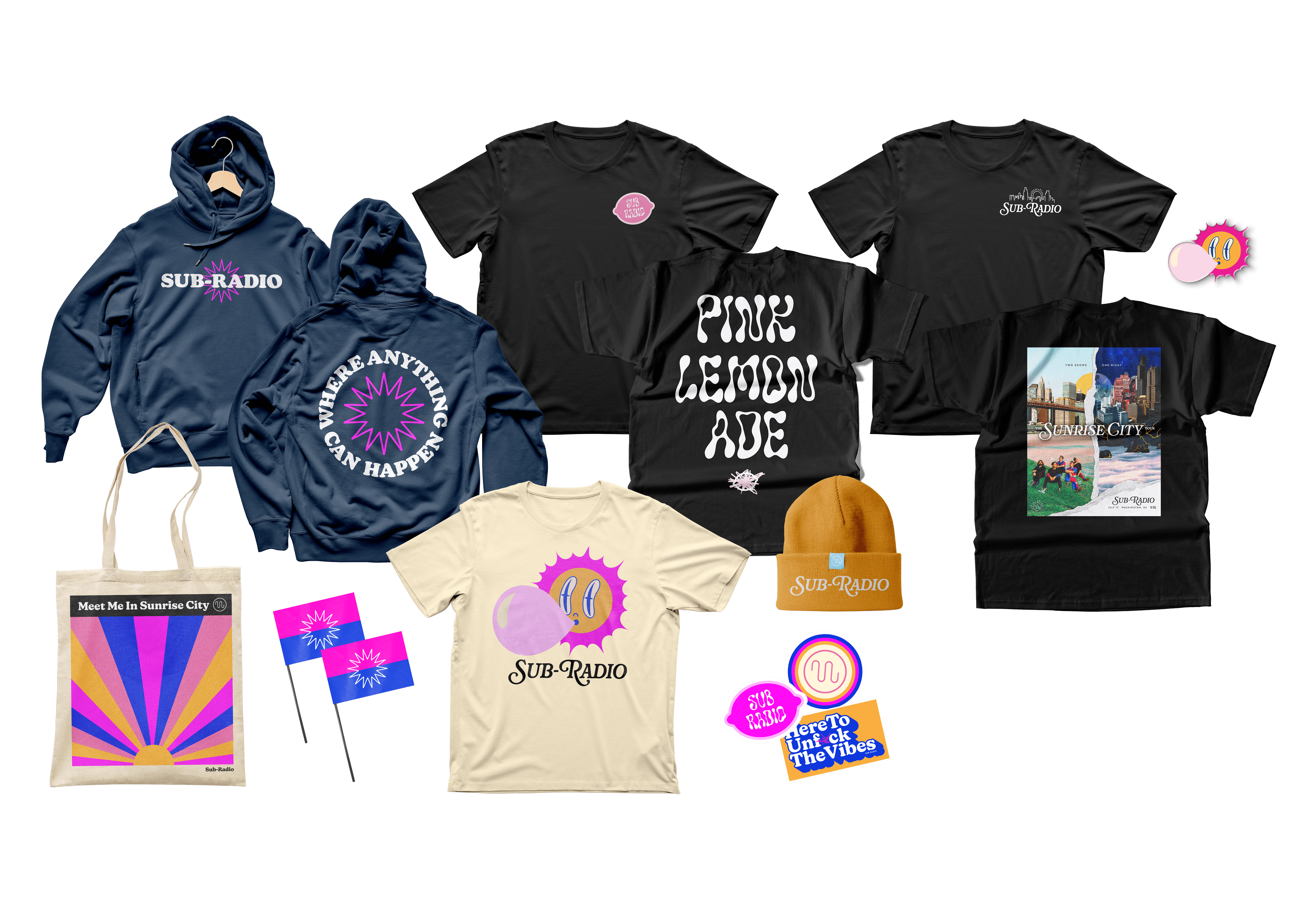 Flat spread showing sub-radio merch capsule: front and back of hoodie design, front and back of 2 shirt designs, tote bag design, flag design, 2 shirt front only designs, three stickers, and beane. All featuring bright pinks, blues, and yellows