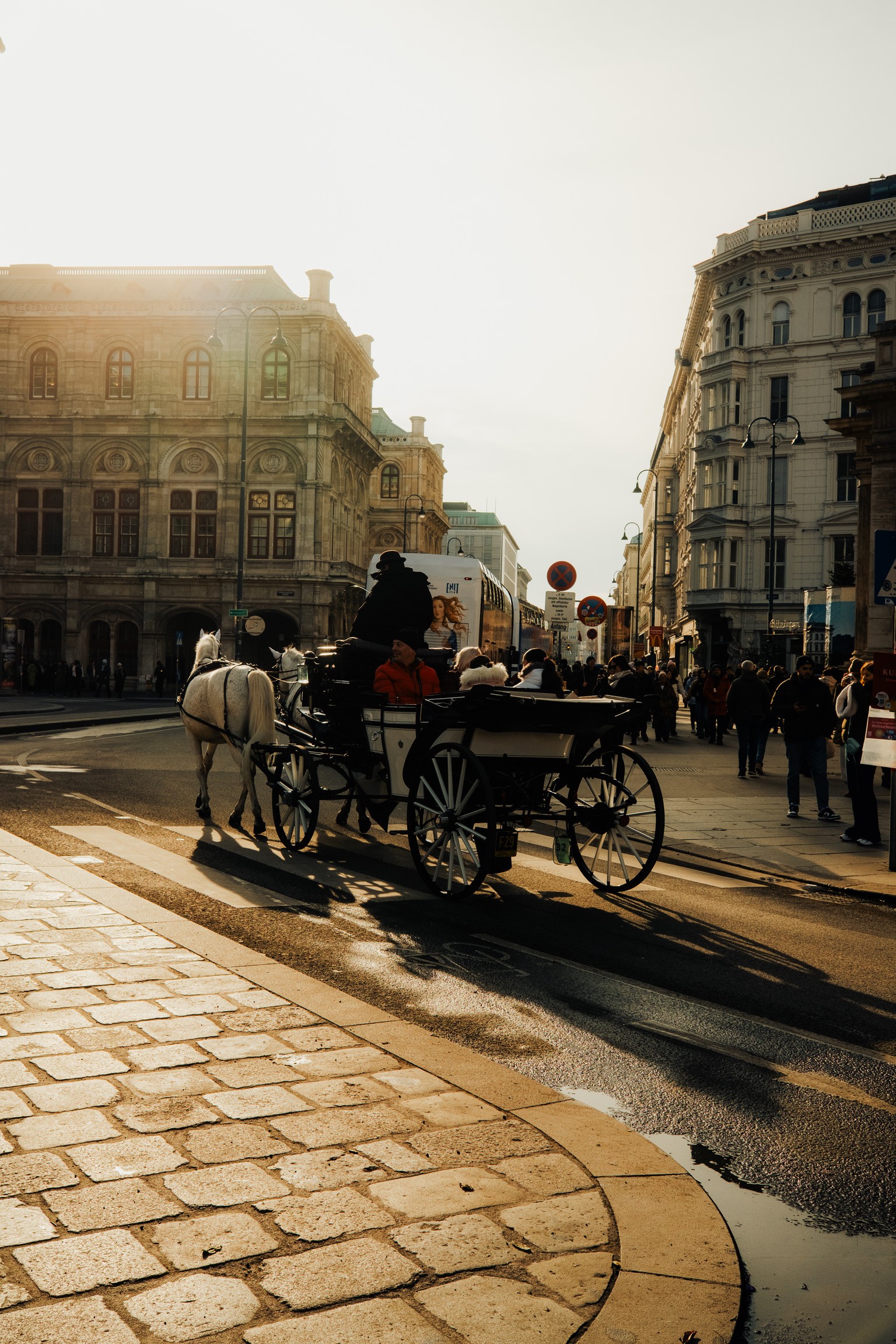Coche de caballos a contraluz frente a la Ópera de Viena