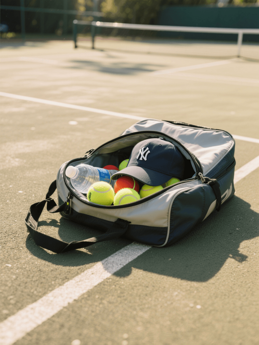 A tennis bag on a court holds several tennis balls, a water bottle, and a navy cap. Sunlight casts long shadows, suggesting a warm, sunny day.