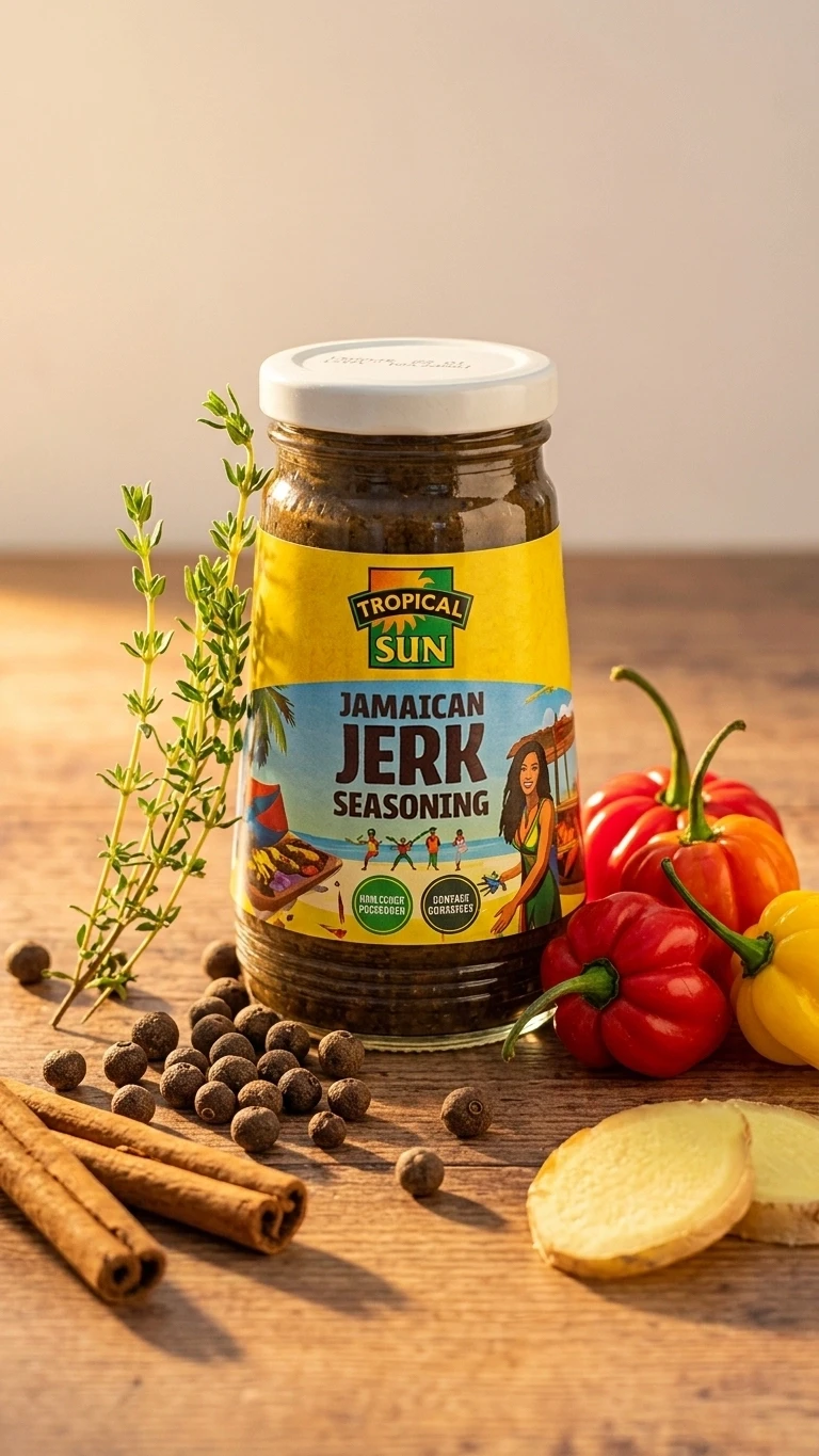 Tropical Sun Jamaican Jerk seasoning surrounded by fresh peppers and spices for mediareach product photography