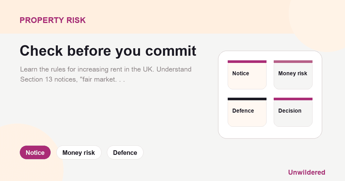 Explainer card for How Much Can I Increase My Tenants Rent? | UK Rent Increase Rules: Notice, Money risk, Defence.