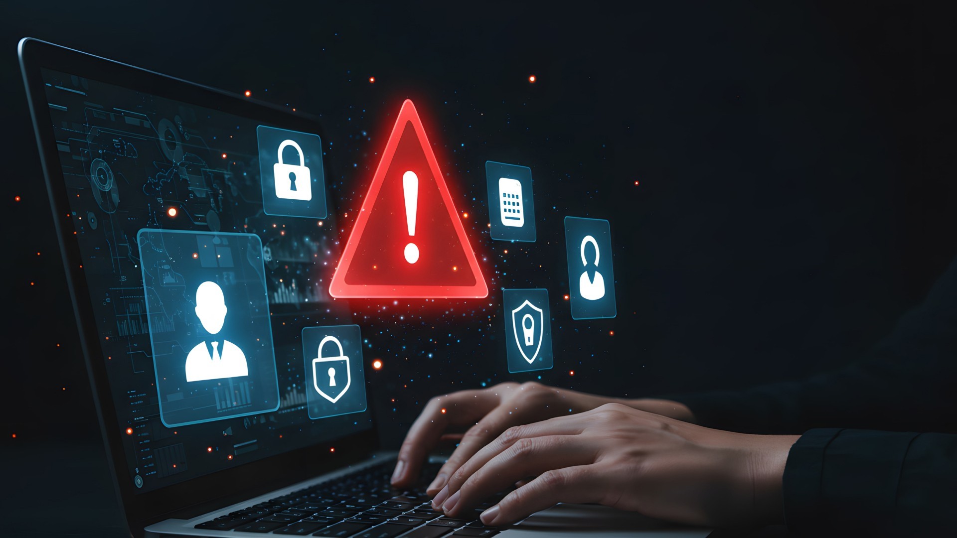 Smarter alert management software interface showing digital risk icons on a laptop screen.