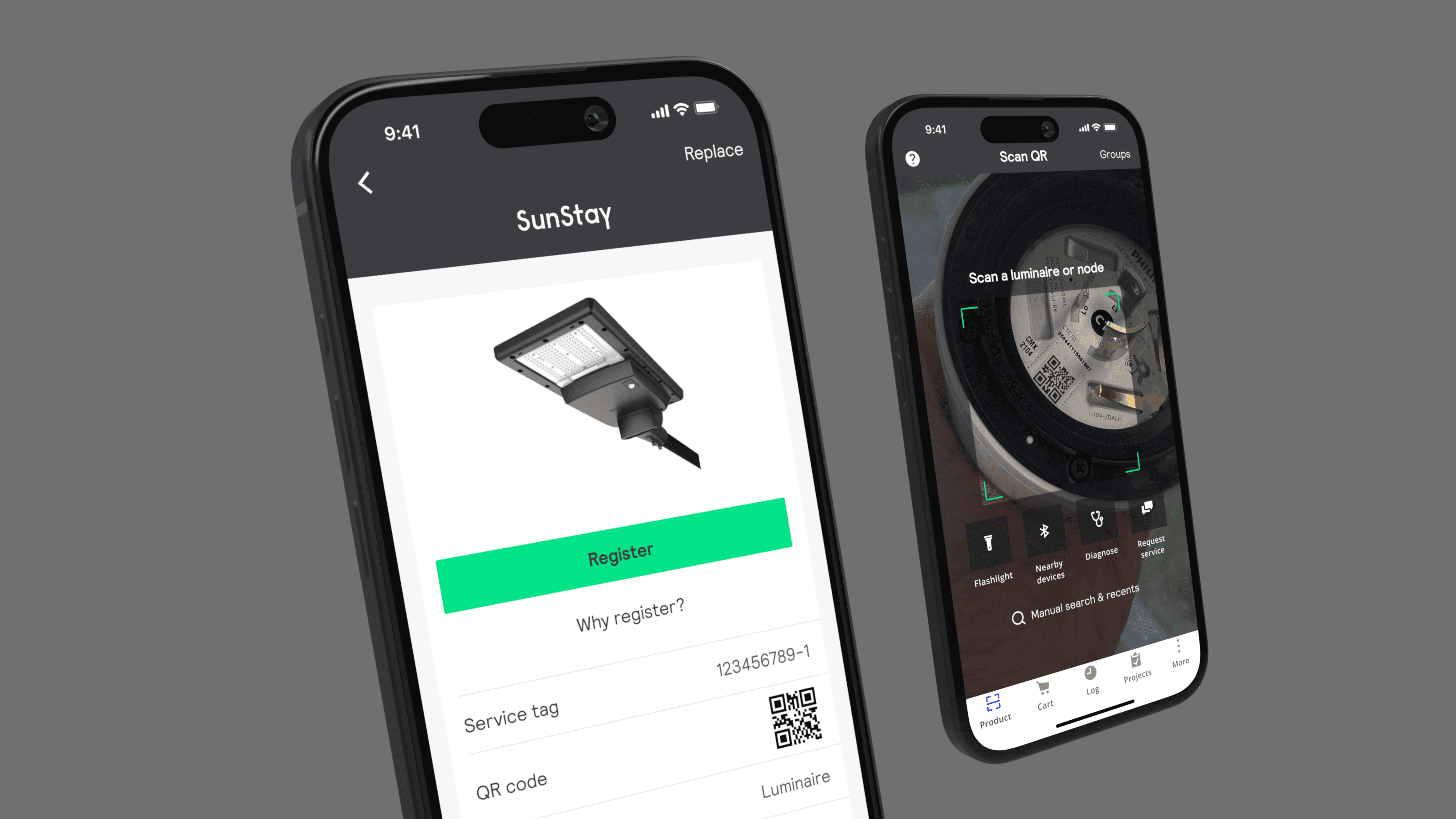 Mobile phones running the Service Tag app