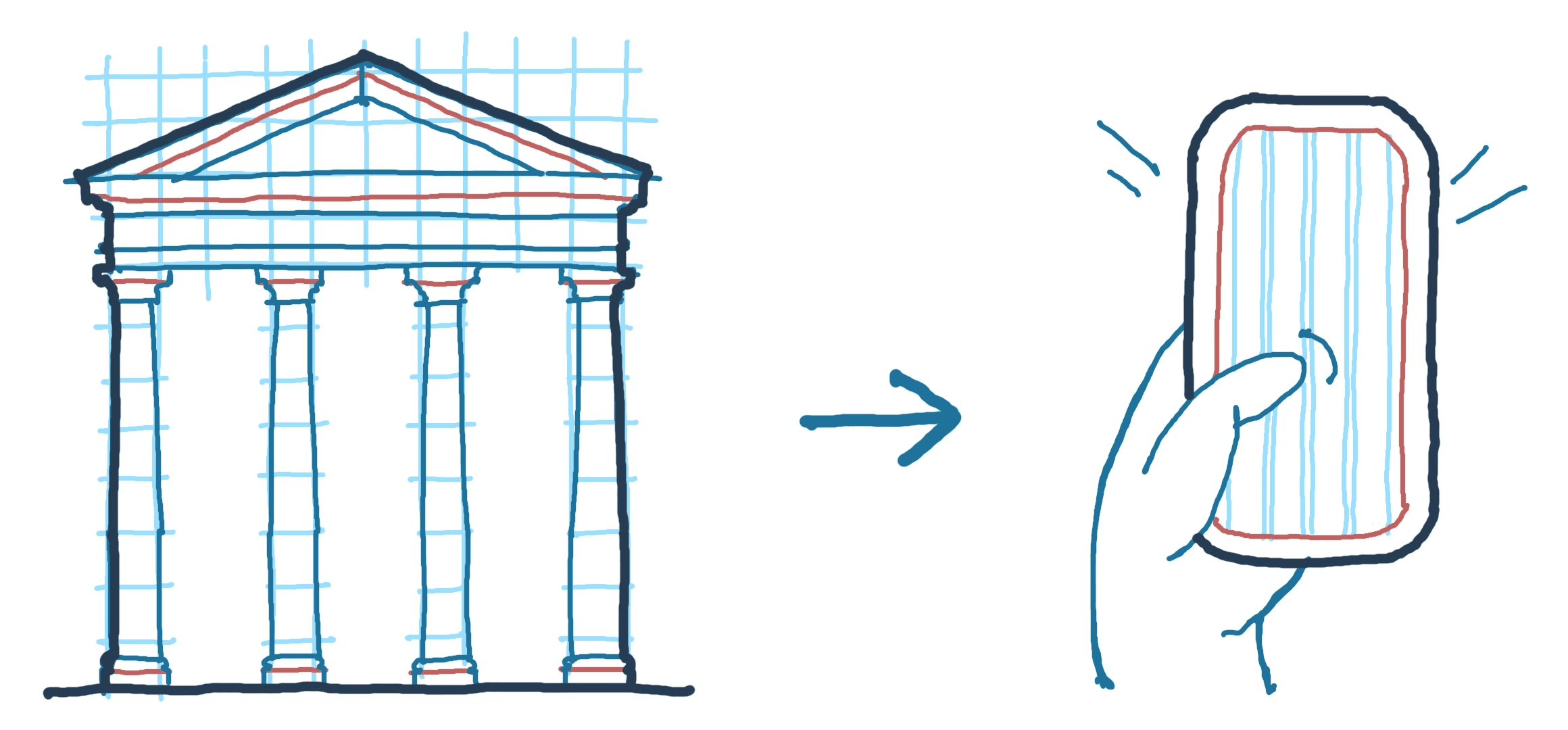 Sketch of Architectural Temple & Hand Holding Phone