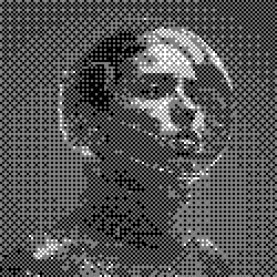 A grayscale portrait of a person with short hair, looking slightly upwards, featuring a textured background.