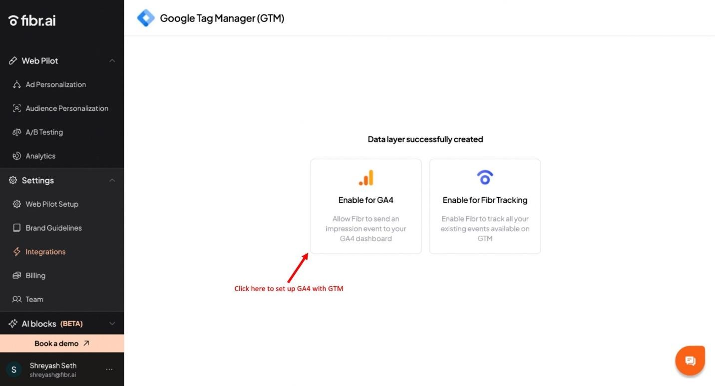 Fibr.ai GTM setup screen with GA4 and Fibr Tracking options.