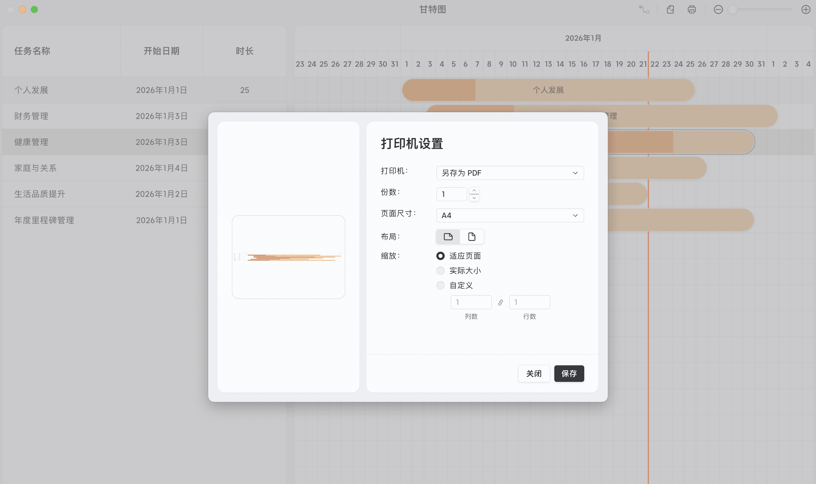 甘特图打印设置界面