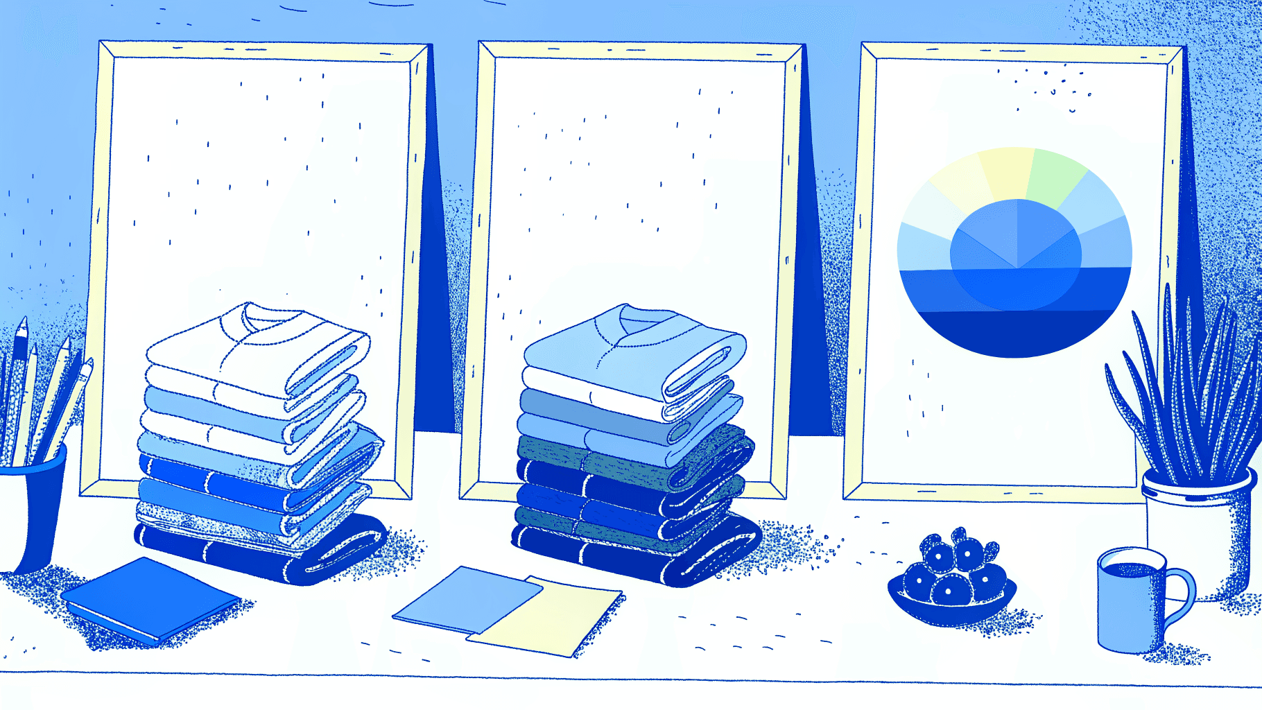 Three decision icons for t-shirt printing: volume stack, fabric swatch, and color-gradient design