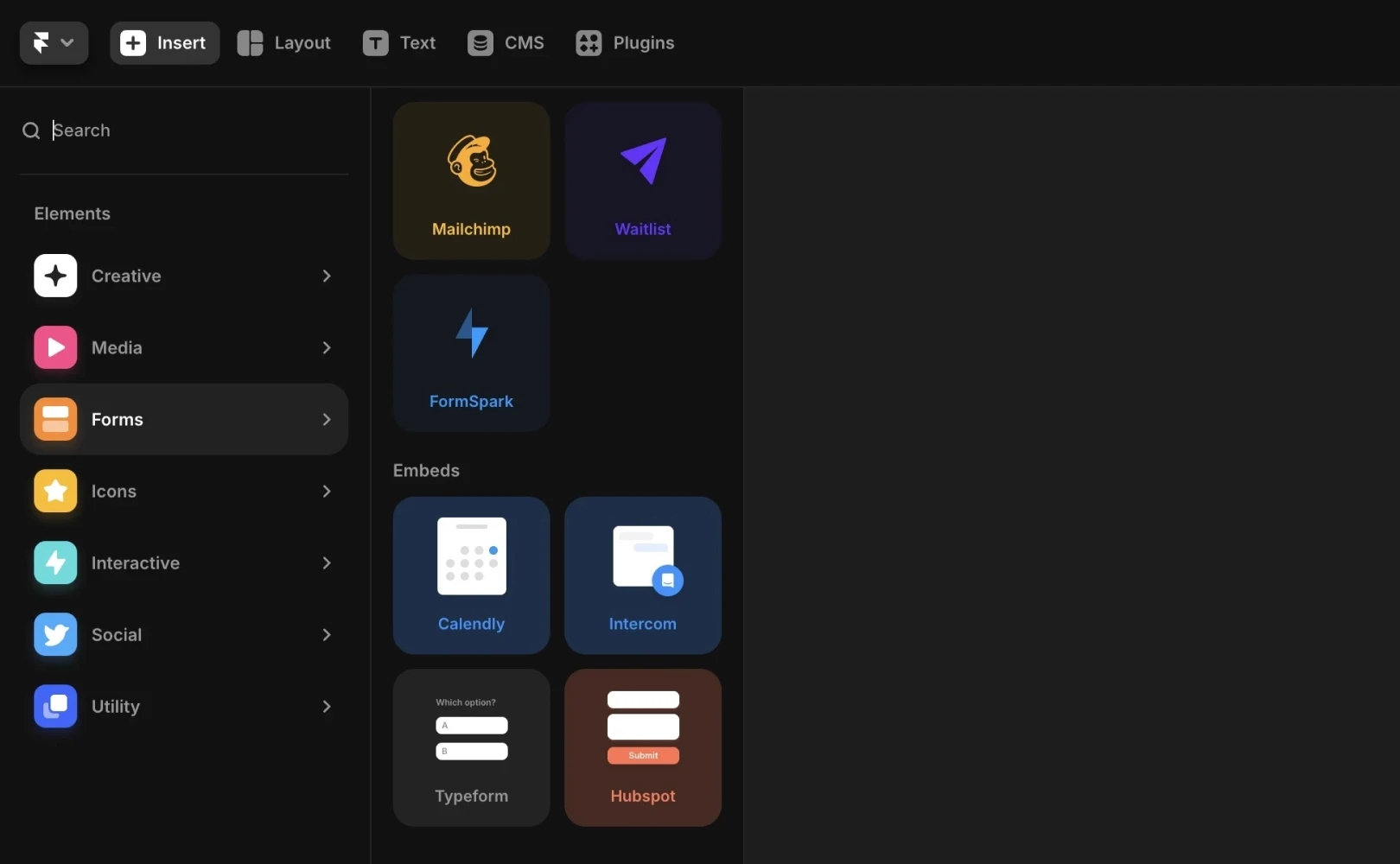Framer Insert 항목에서 Intercom을 찾는 경로를 설명합니다.