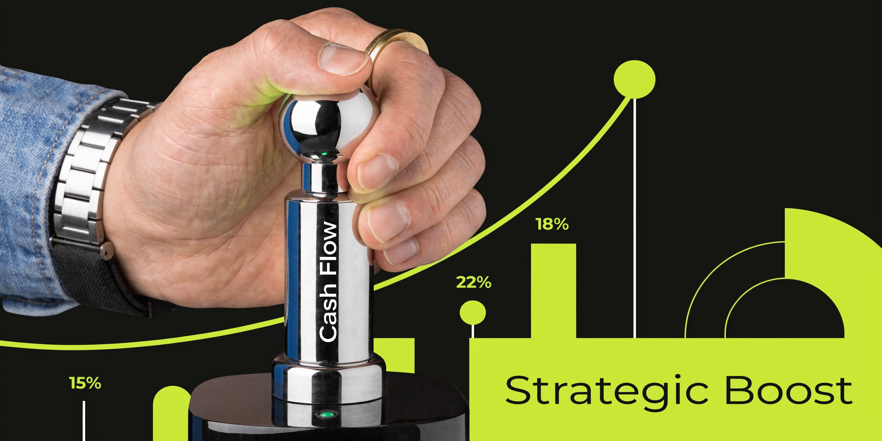 A close-up of a hand pulling a metallic lever labeled Cash Flow with growth charts visible.