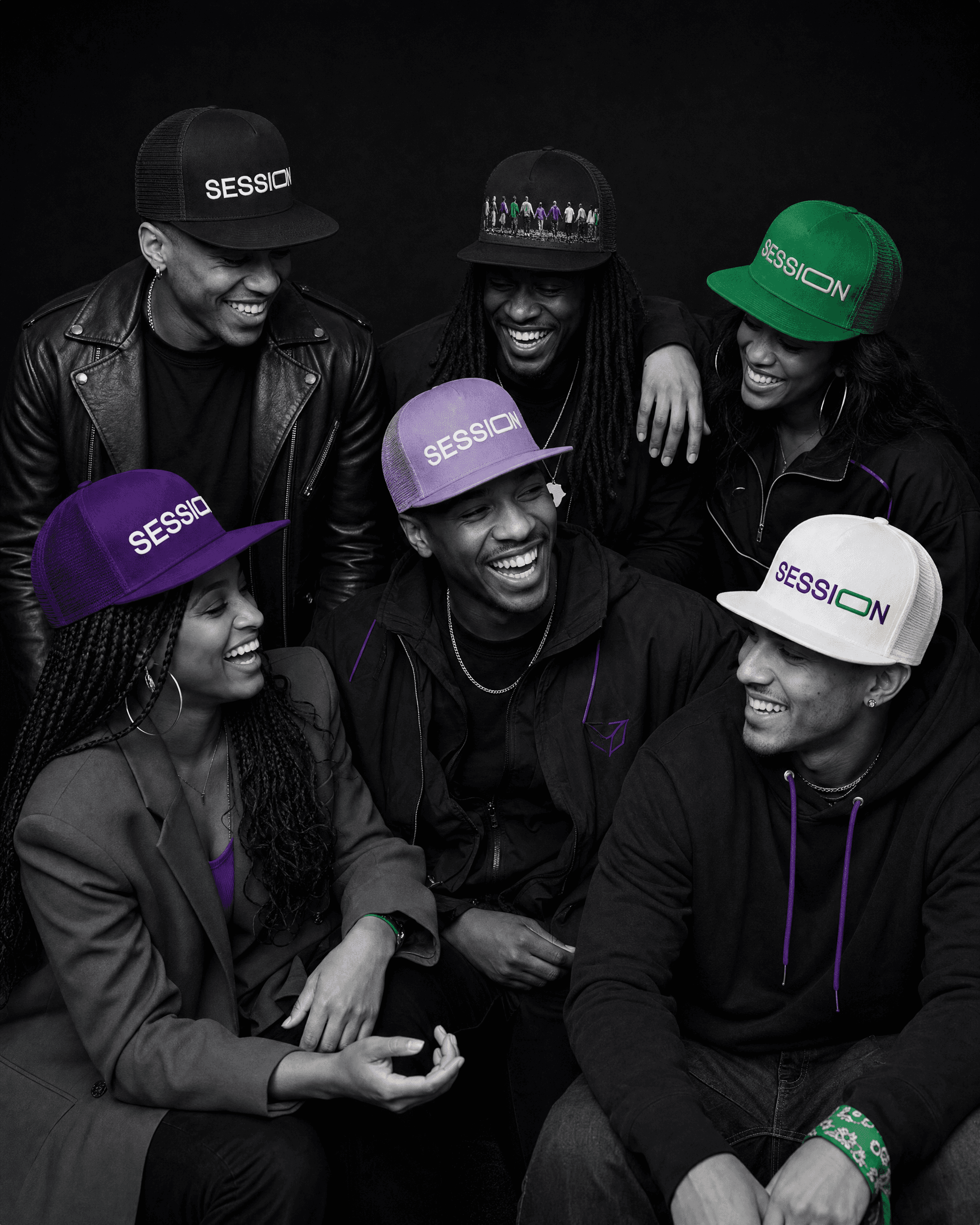 Six friends wearing Session Zone snapback hats in black, green, white, purple and light purple.