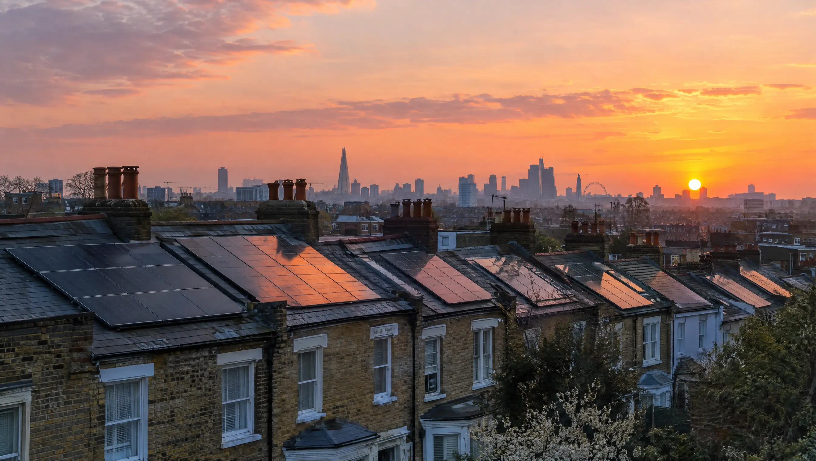 Sunrise over London rooftops with solar panels