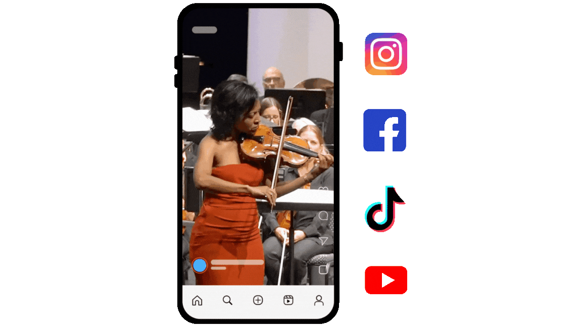 Animated GIF of a mobile phone displaying a video of a woman in a red dress playing violin on stage with an orchestra. To the right of the phone are icons for Instagram, Facebook, TikTok, and YouTube, suggesting social media distribution of performance content.