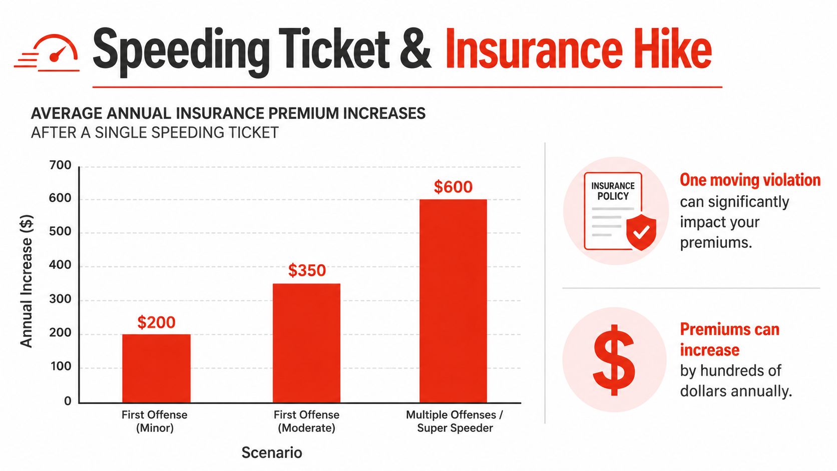 A bar chart illustrating the average annual insurance premium increases based on different speeding ticket offenses.