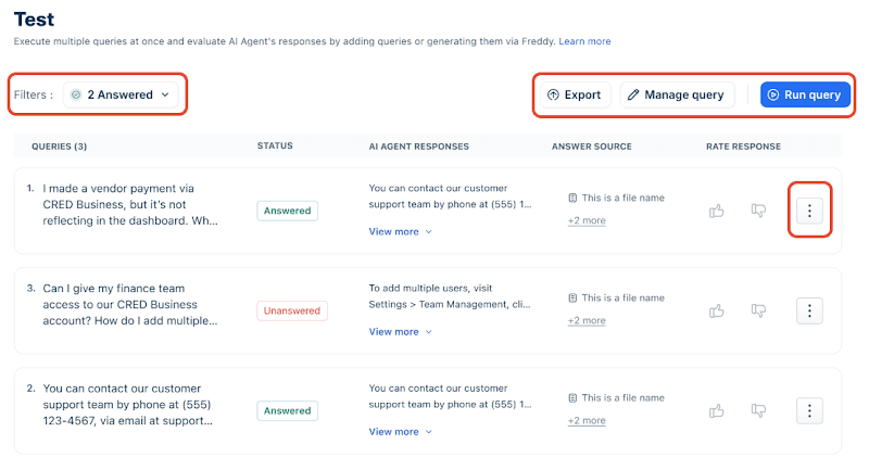 Freshdesk Omni AI Agent test results showing a query, its response status, and the knowledge source used.