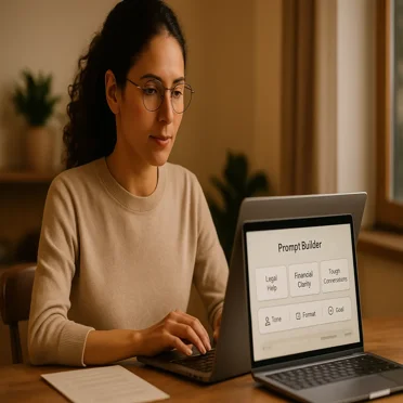 Person using a ChatGPT prompt builder tool for legal, financial, or personal support.