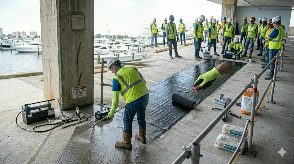 Concrete deck surface restoration underway at a Fort Lauderdale parking garage — Planet Construction FL