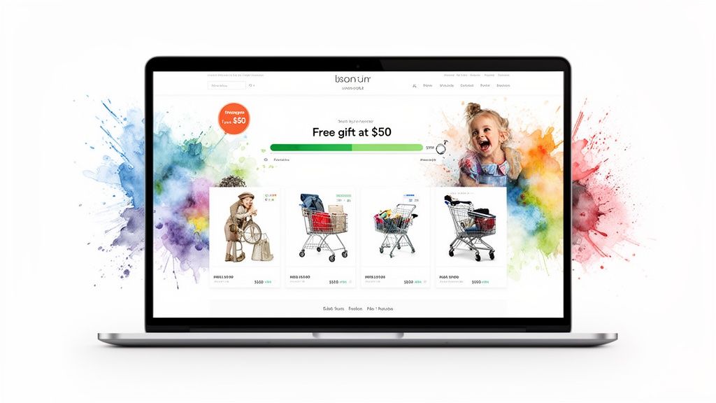 Laptop displaying an e-commerce website with various products, a free gift offer, and a cheerful child.