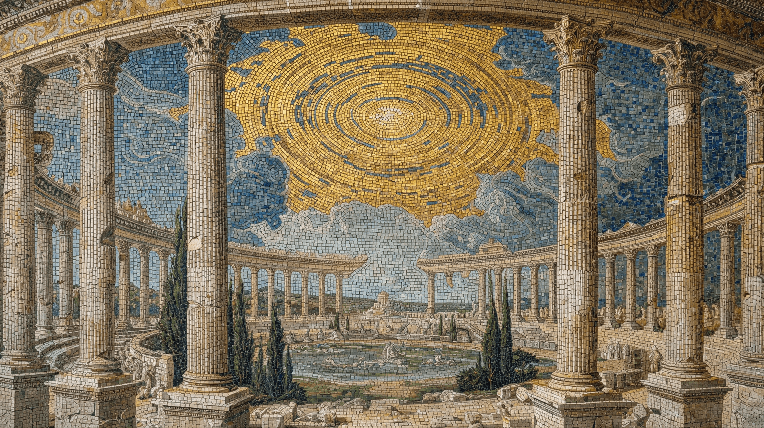 Mosaic-style artwork of an ancient forge at the base of a smoking volcano, with a brilliant column of golden flame rising from a circular stone basin, flanked by towering classical columns and surrounded by rocky terrain and cypress trees.