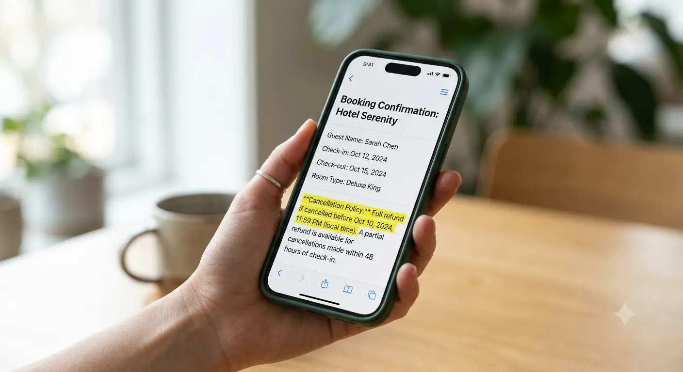 Smartphone showing an Airbnb booking confirmation with a cancellation detail highlighted