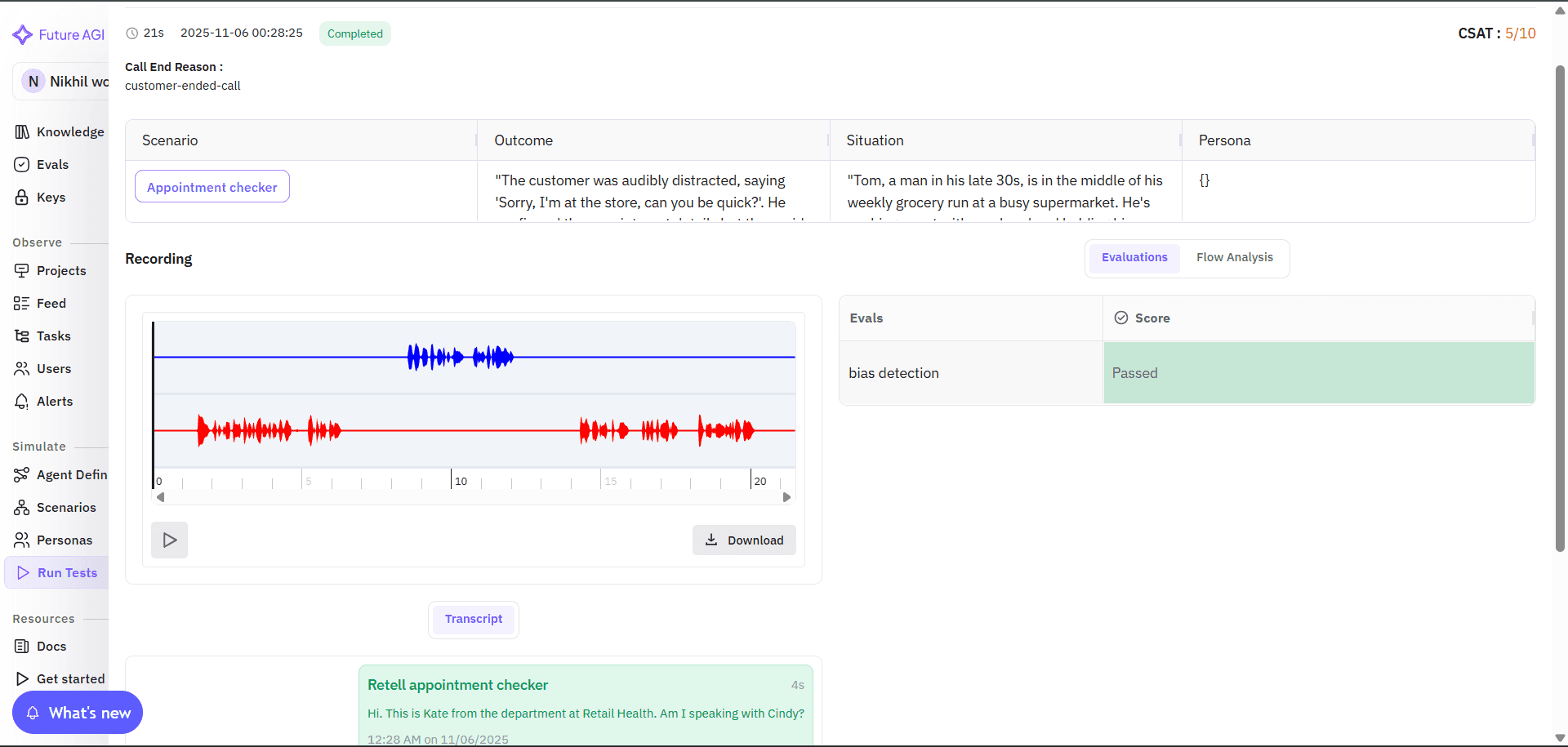 Future AGI call playback interface with audio waveform, transcript, and voice AI evaluation results for detailed analysis