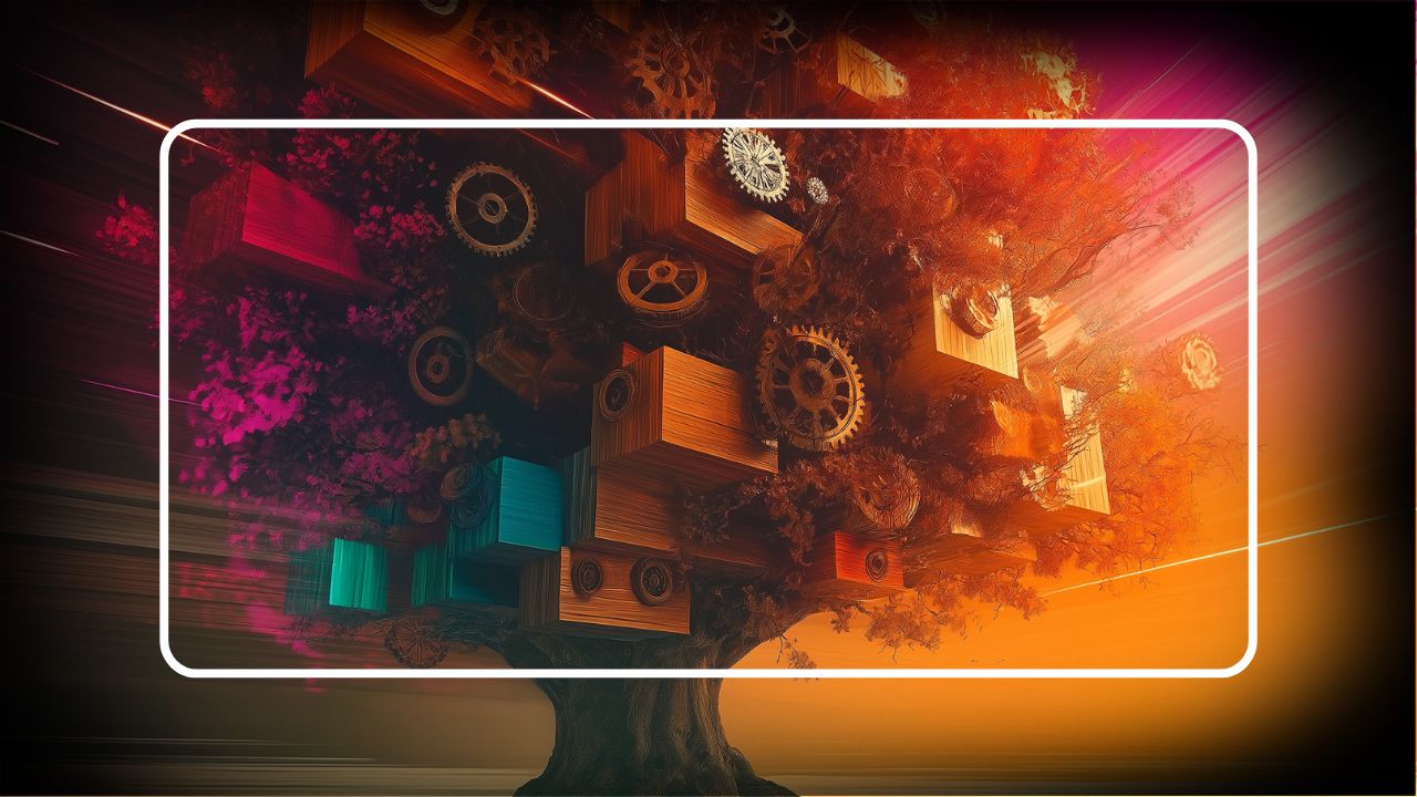 Surreal tree with gears and wooden crates integrated into its branches